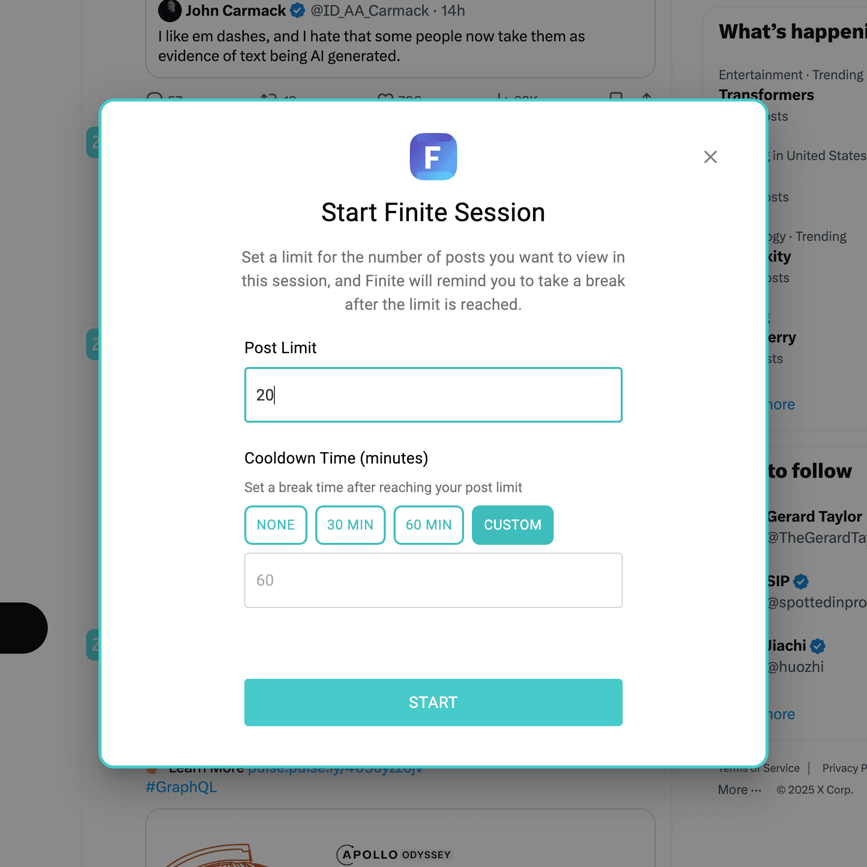 Start finite session dialog screenshot