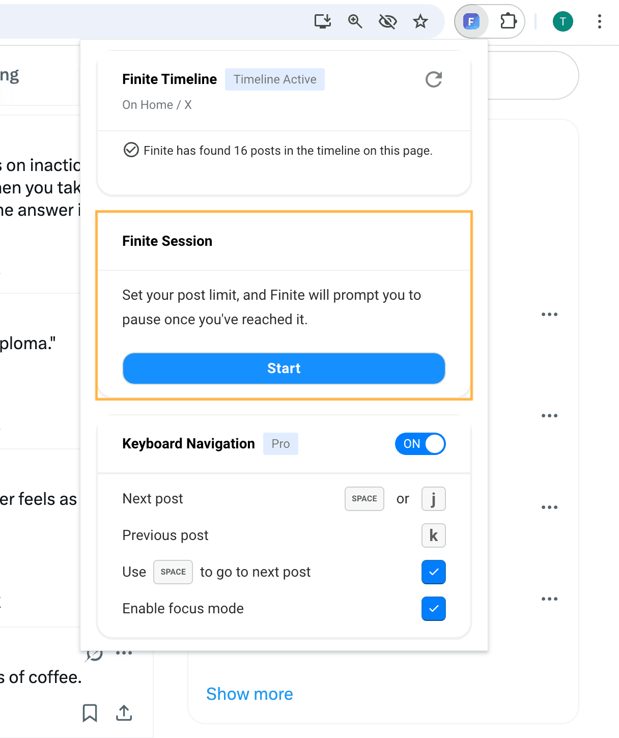 Start finite session from extension popup